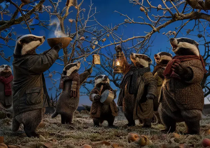 January: badgers wassailing in a frosty orchard