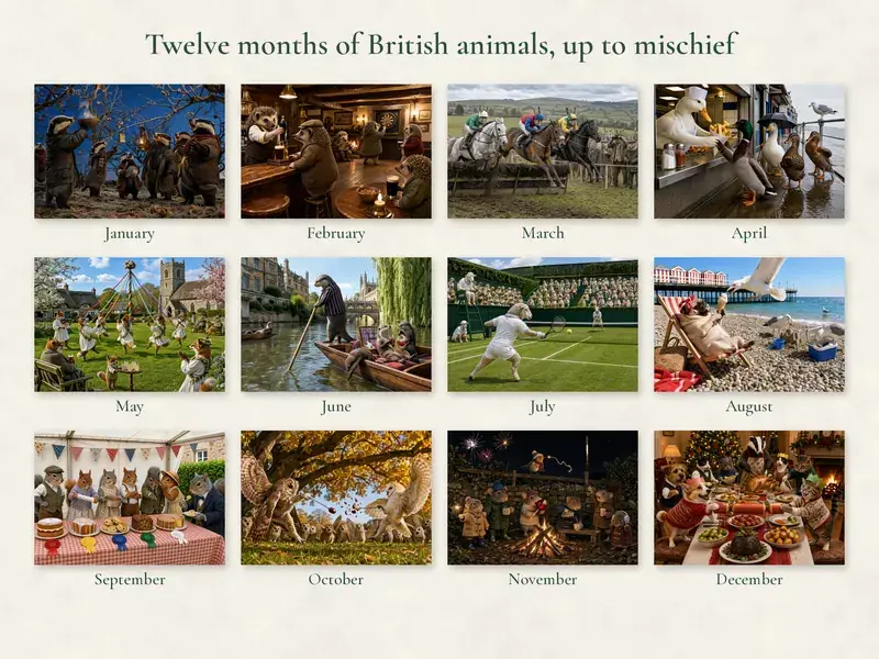 All twelve month pictures of the Tails of Britain 2027 calendar